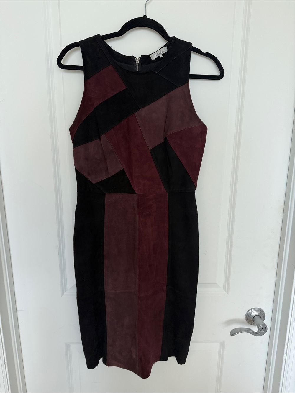 Parker Sleeveless Patchwork Suede Midi Dress in Black and Burgundy
